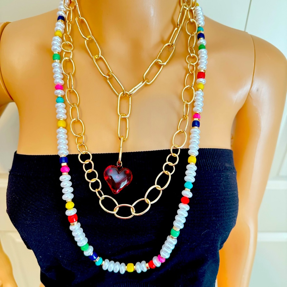New Natasha Multi Row Pearl Chain Heart Long Multi Strand Beaded Necklace - Picture 3 of 7